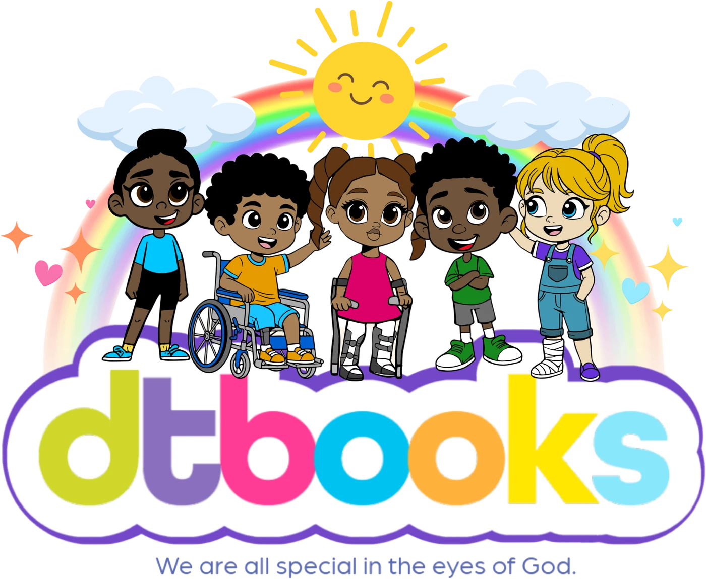 DT Books. We are all special in the eyes of God. Shea and her friends under a rainbow above the dtbooks logo.